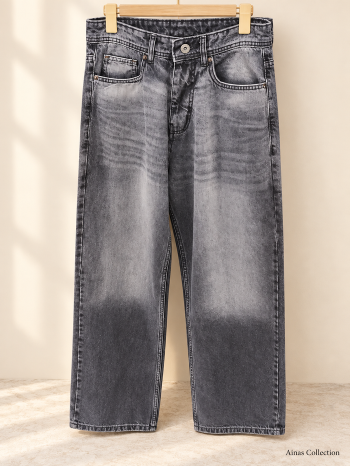 Grey Washed Straight-Leg Jeans
