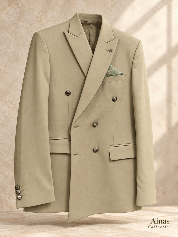 Khaki Beige Double-Breasted 2-Piece Suit
