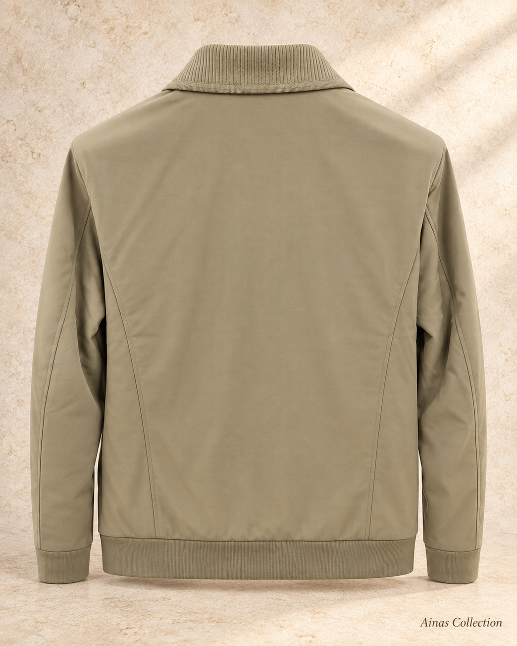 Khaki Rib Collar Zip Jacket — back view, actual product photo with AI-assisted background editing. Confirm size and availability before ordering.