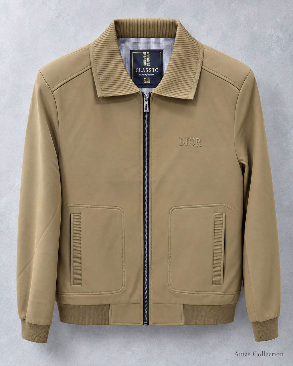 Khaki Rib Collar Zip Jacket — front view, actual product photo with AI-assisted background editing. Confirm size and availability before ordering.