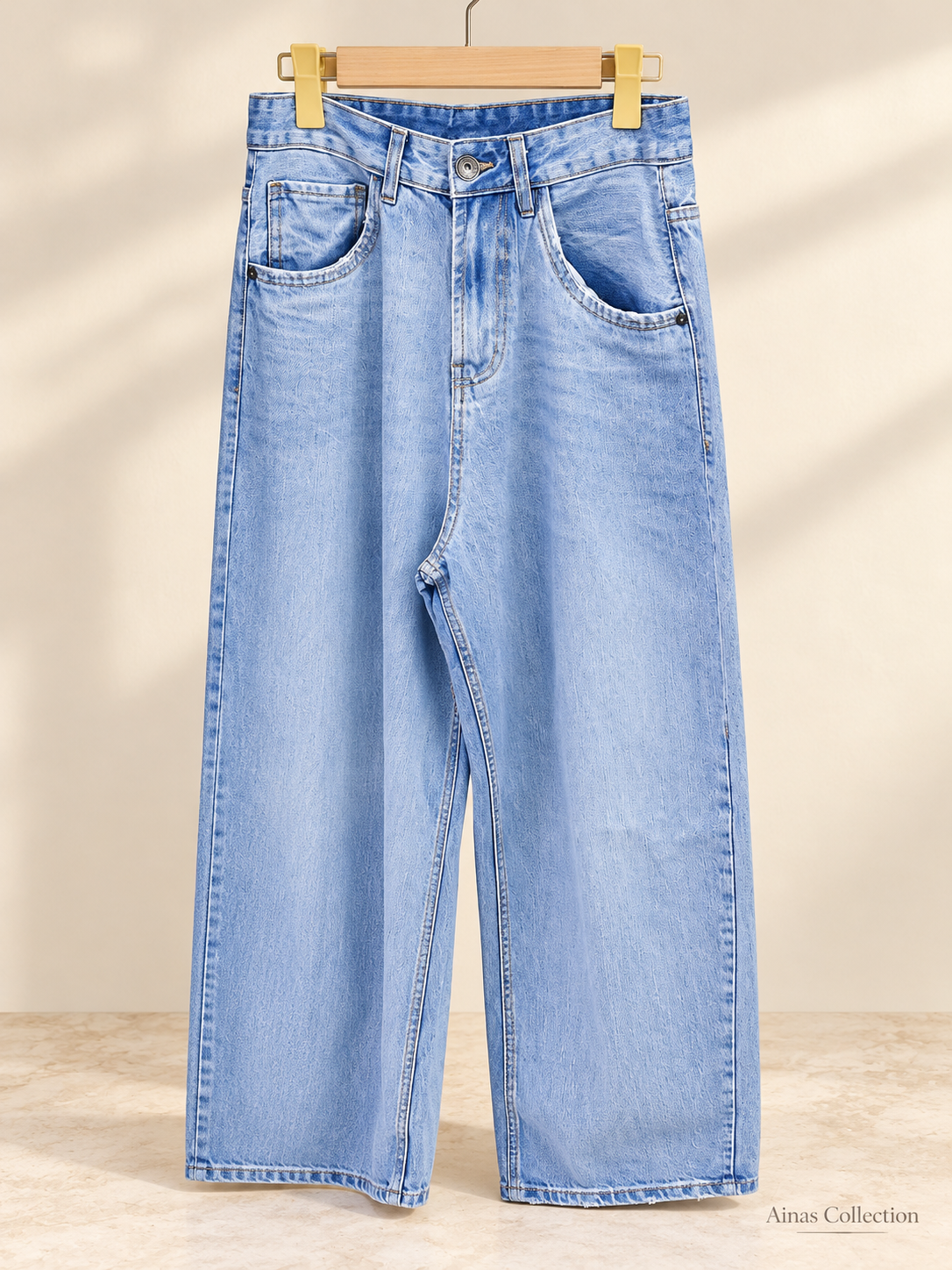 Ainas Collection Light Blue Wide-Pocket Denim Jeans — actual supplied front photograph with edited background