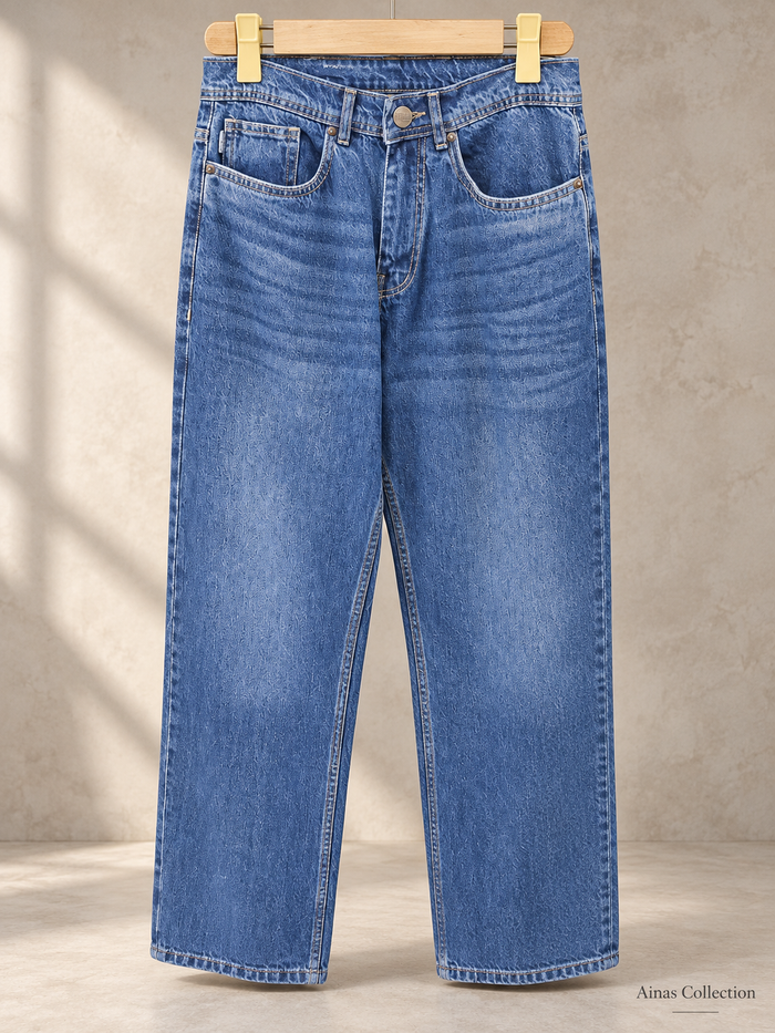 Mid Blue Washed Five-Pocket Jeans