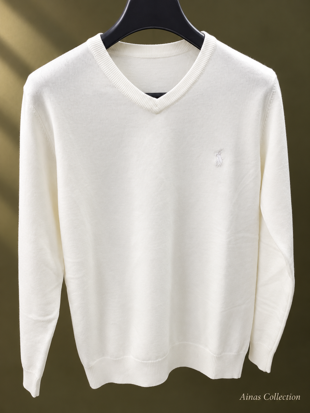 Ainas Collection off-white knit sweater, actual supplied front photograph with edited background