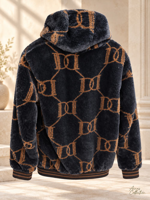 Ainas Collection black camel back patterned plush hoodie; enhanced actual photograph