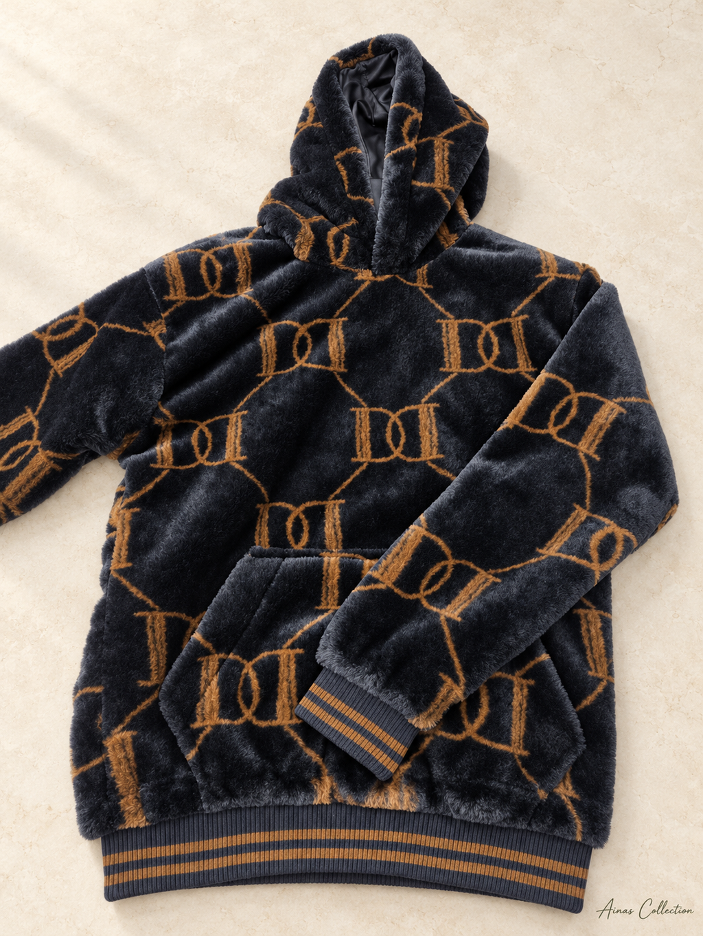 Ainas Collection black camel front patterned plush hoodie; enhanced actual photograph
