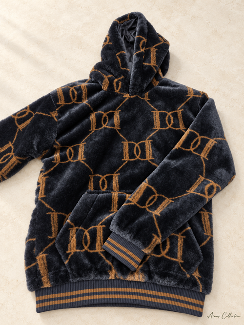 Ainas Collection black camel front patterned plush hoodie; enhanced actual photograph