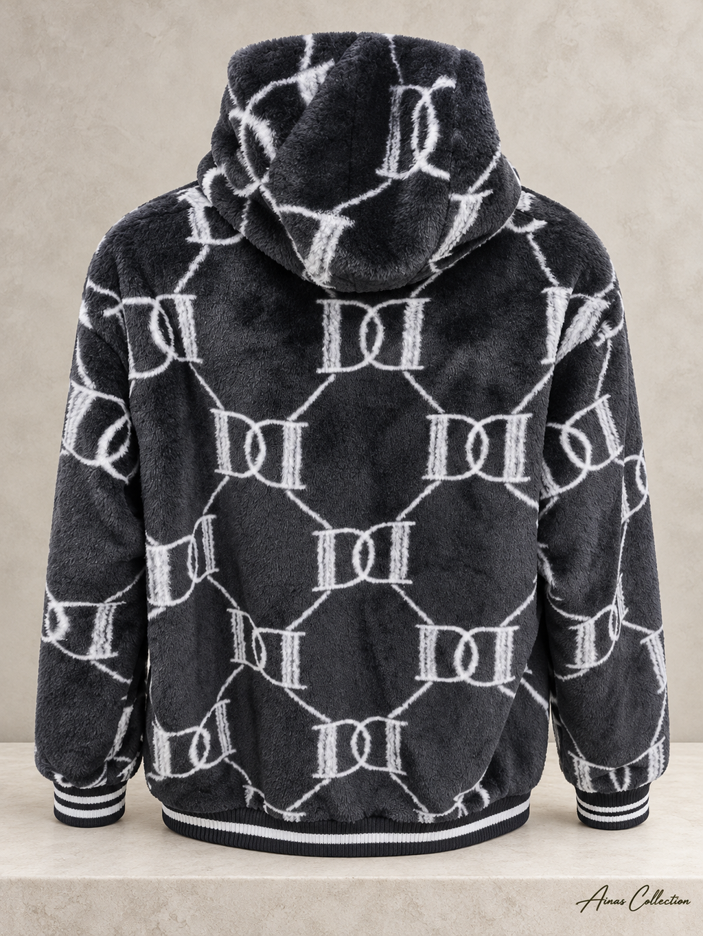 Ainas Collection black white back patterned plush hoodie; enhanced actual photograph