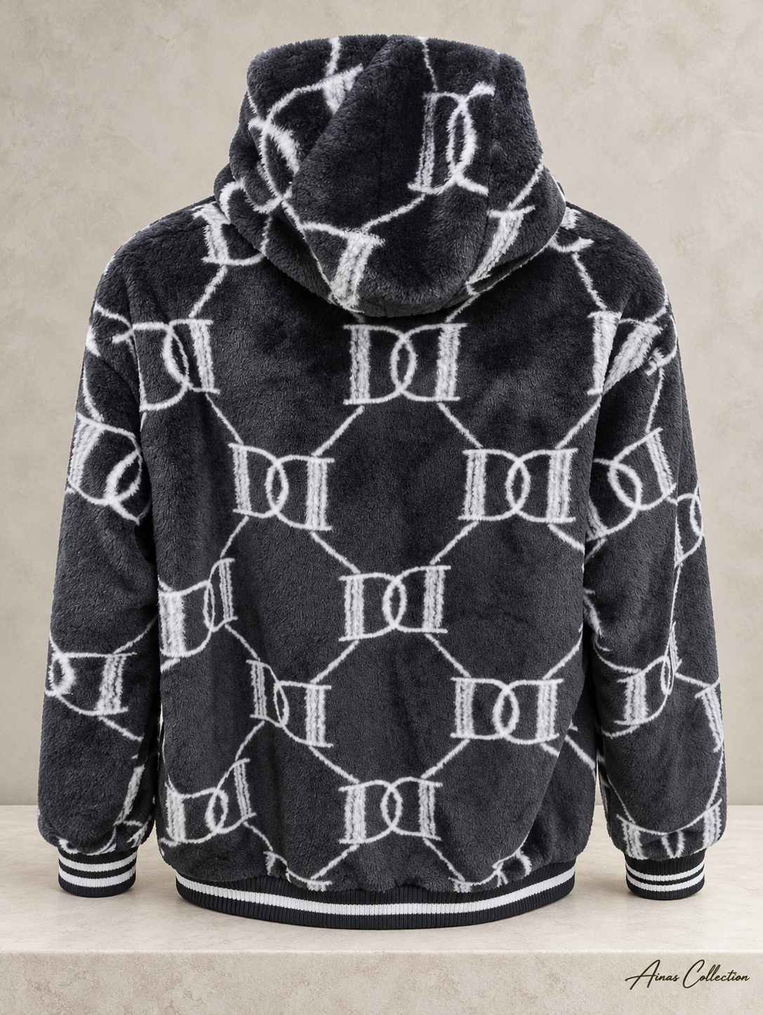 Ainas Collection black white back patterned plush hoodie; enhanced actual photograph
