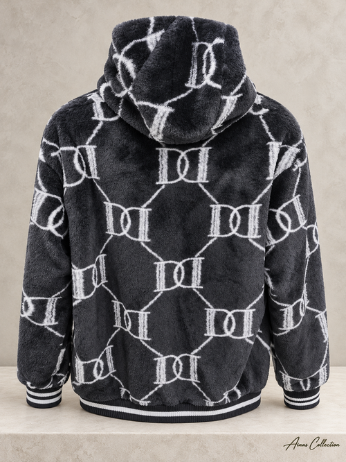 Ainas Collection black white back patterned plush hoodie; enhanced actual photograph