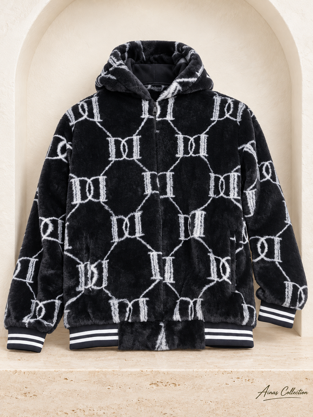 Ainas Collection black white front patterned plush hoodie; enhanced actual photograph