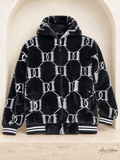 Ainas Collection black white front patterned plush hoodie; enhanced actual photograph