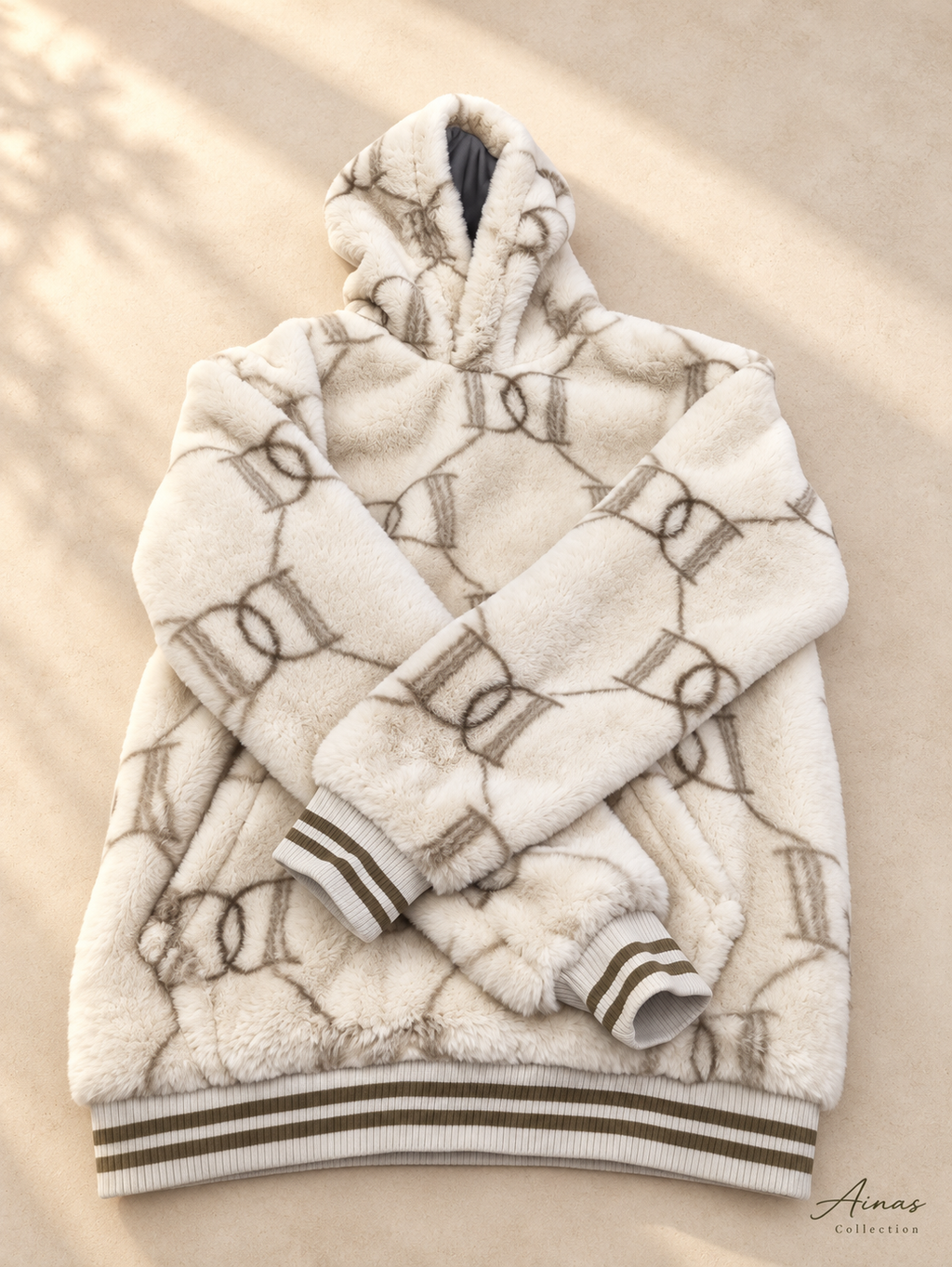 Ainas Collection cream flatlay patterned plush hoodie; enhanced actual photograph