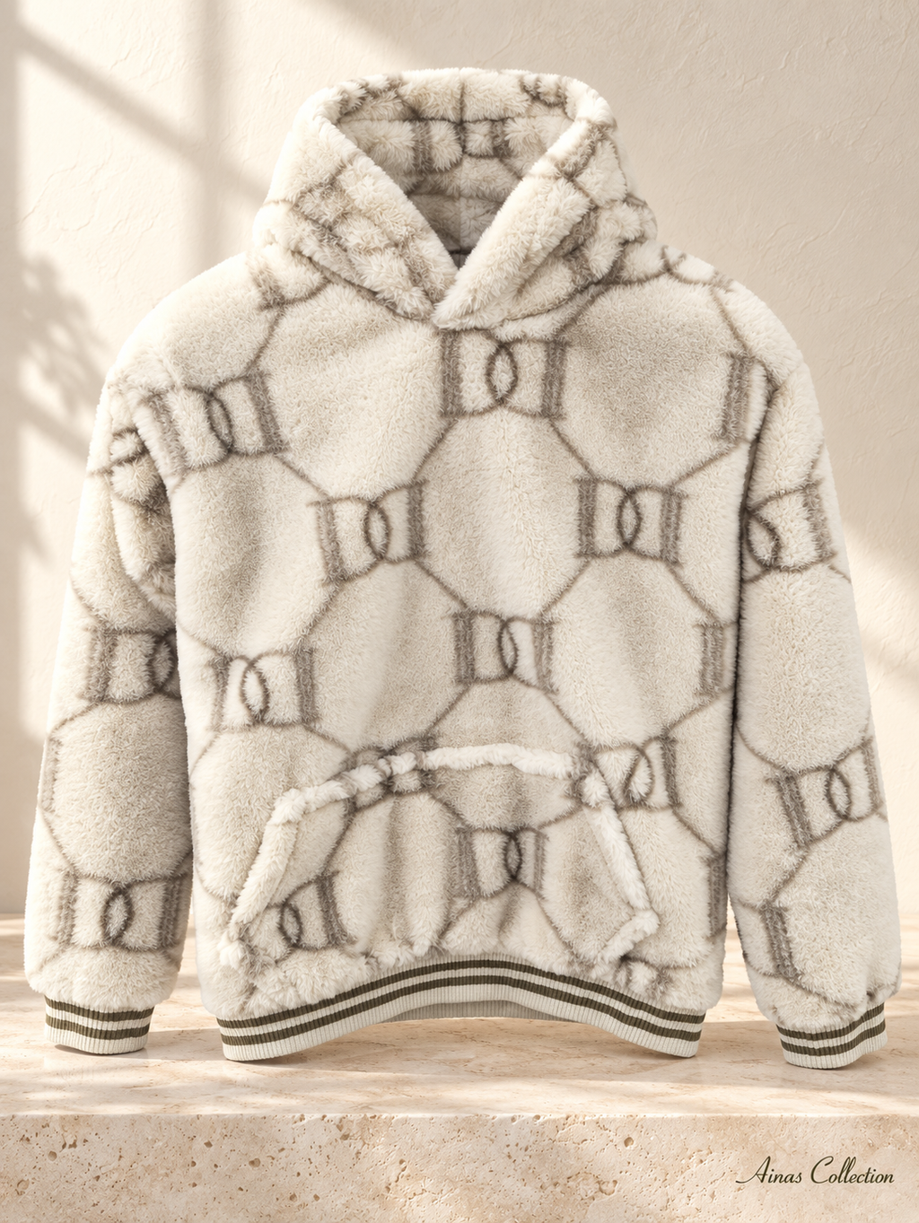 Ainas Collection cream patterned plush hoodie — front; enhanced actual photograph