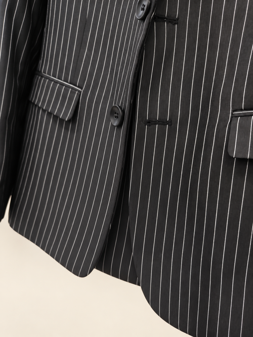 Ainas Collection charcoal pinstripe 2-piece suit — close-up of coat button and flap pocket