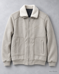 Stone Sherpa Collar Zip Jacket — front view, actual product photo with AI-assisted background editing. Confirm size and availability before ordering.
