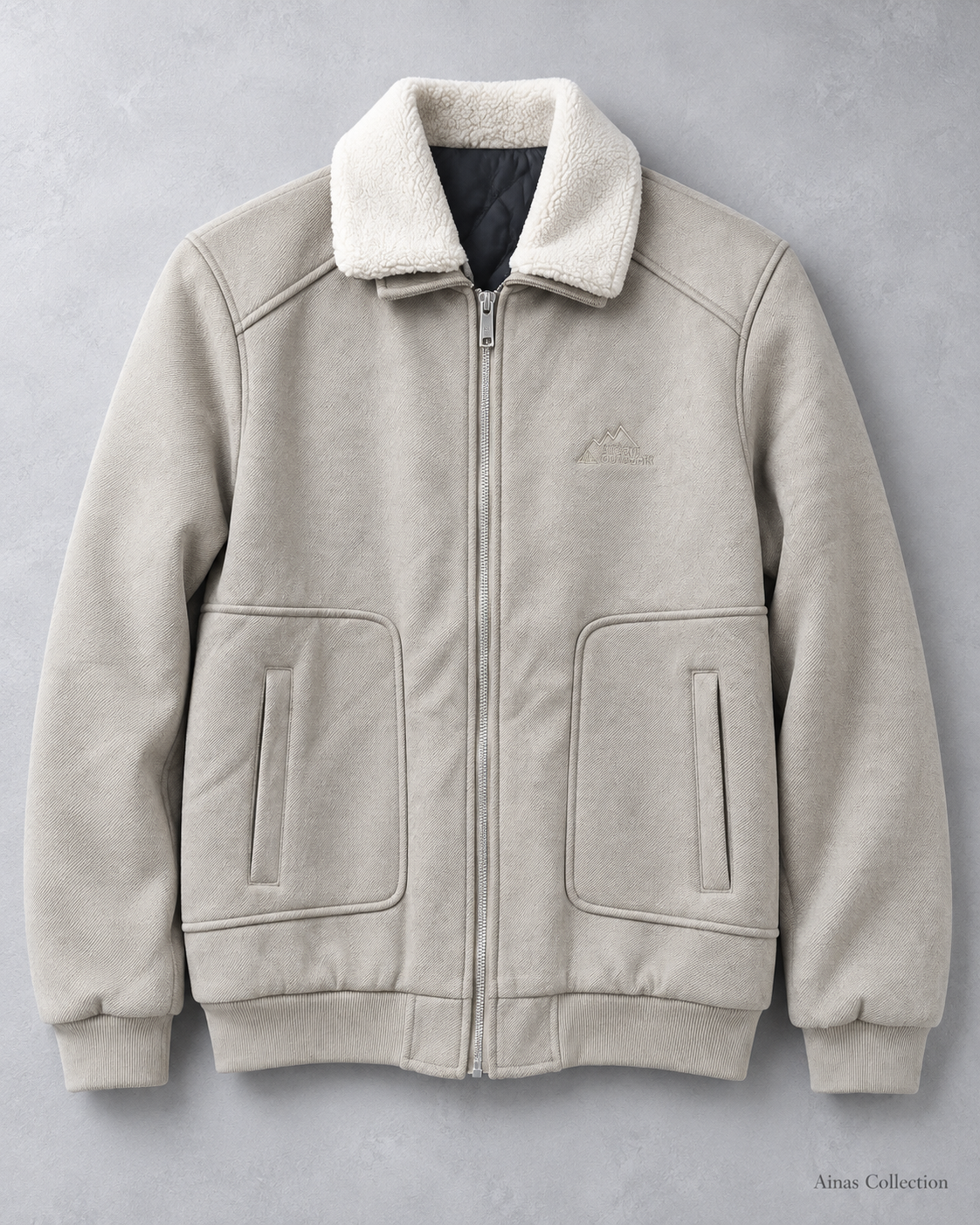 Stone Sherpa Collar Zip Jacket — front view, actual product photo with AI-assisted background editing. Confirm size and availability before ordering.