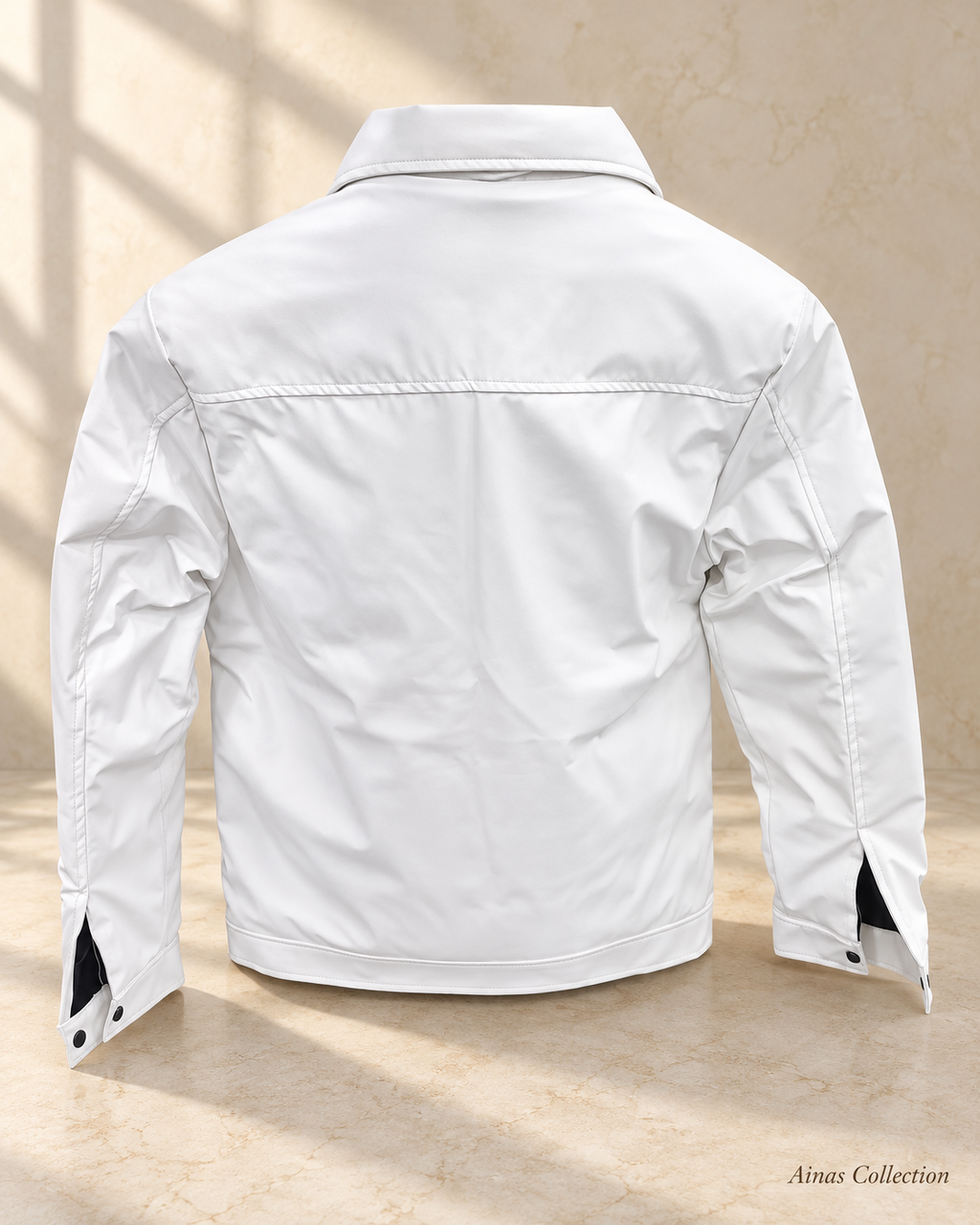 White Classic Zip Jacket — back view, actual product photo with AI-assisted background editing. Confirm size and availability before ordering.