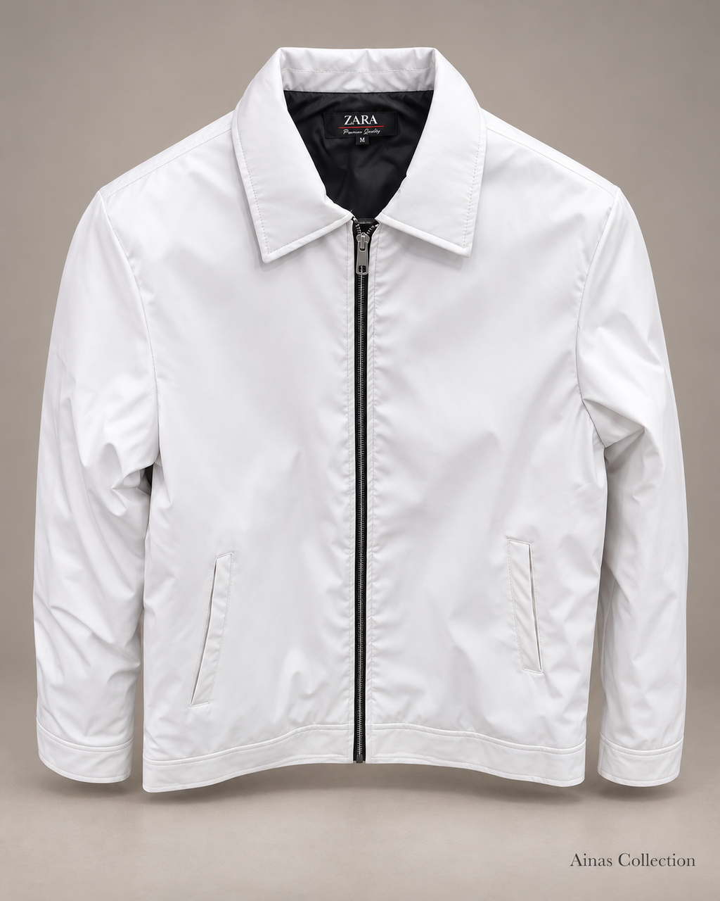 White Classic Zip Jacket — front view, actual product photo with AI-assisted background editing. Confirm size and availability before ordering.